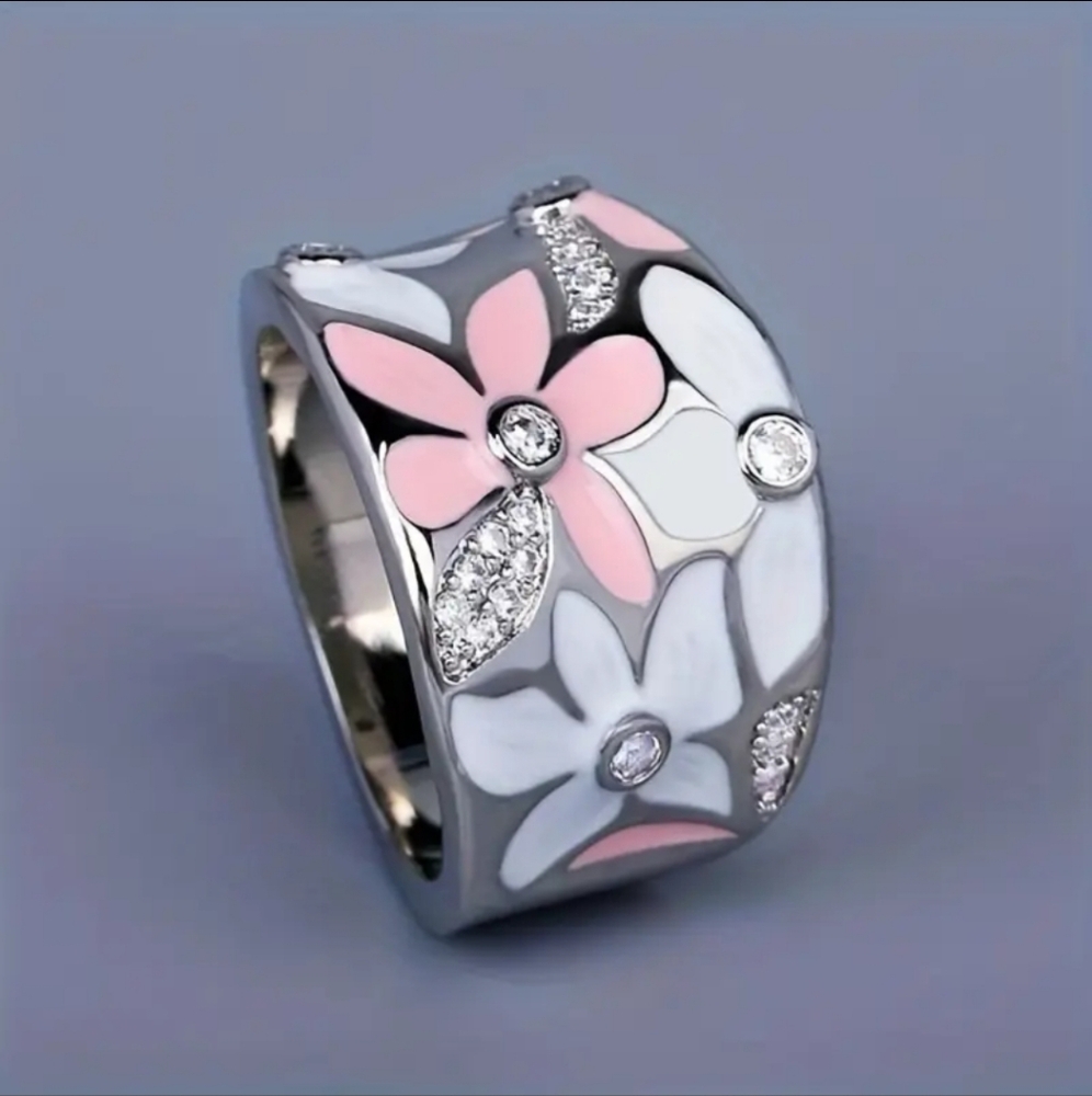 ENAMEL DAISY Floral🌼 & Zircon Wide Band Ring - Picture 2 of 7